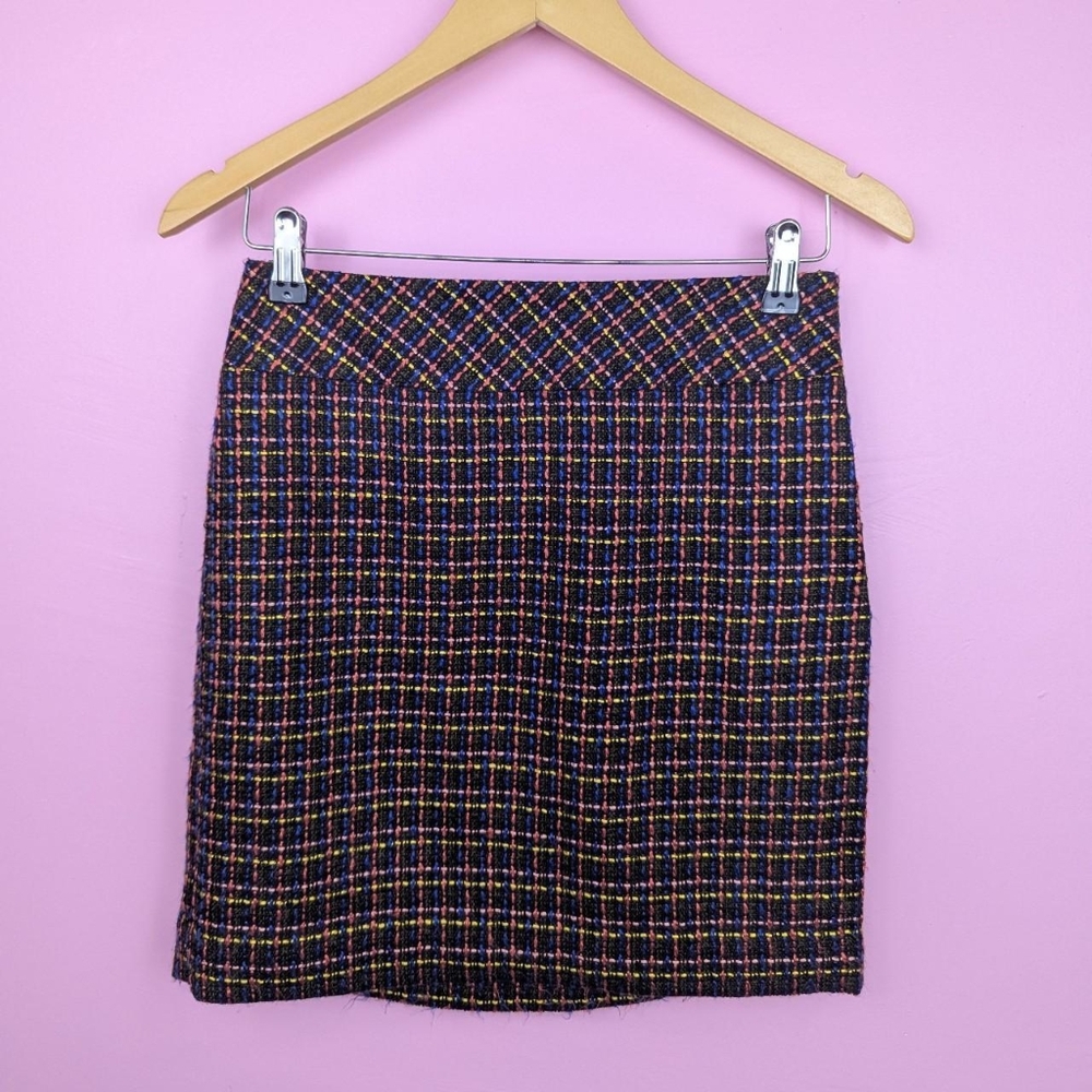 Ann Taylor Loft Petites Black, Pink, Yellow, & Blue Plaid Tweed Mini Skirt
